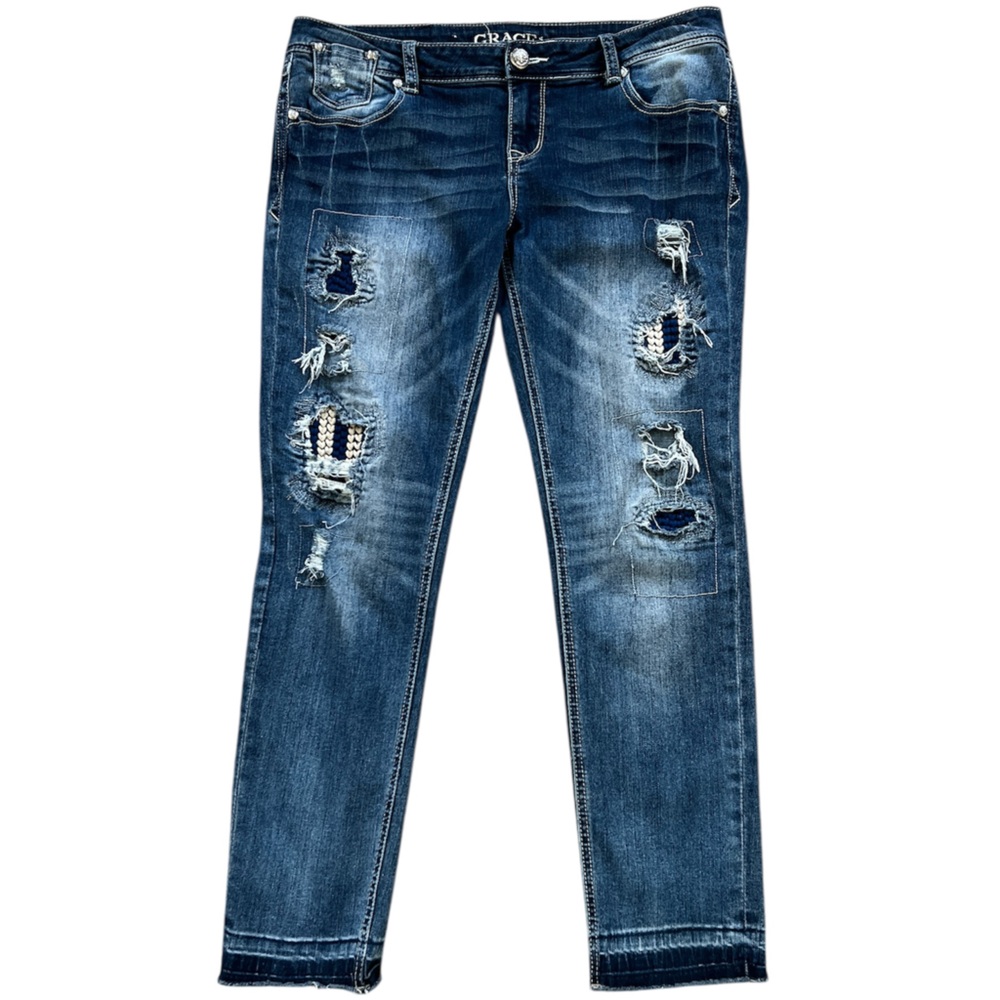 Grace in LA Distressed Frayed Hem Skinny Ankle Jeans Size 31